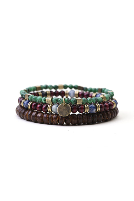 Bracelet homme 4 pièces pierre bleue, jaspe vert, séparateur noix de coco, perles en bois 21 cm