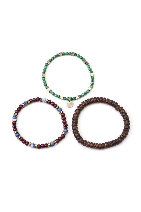 Bracelet homme 4 pièces pierre bleue, jaspe vert, séparateur noix de coco, perles en bois 21 cm