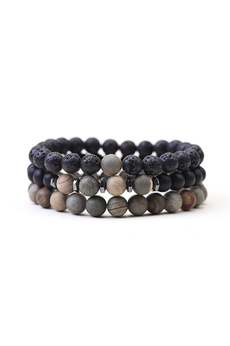 Bracelet homme 3 pièces pierre de lave, jaspe marron mat, onyx noir mat 21 cm