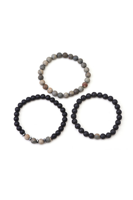 Bracelet homme 3 pièces pierre de lave, jaspe marron mat, onyx noir mat 21 cm
