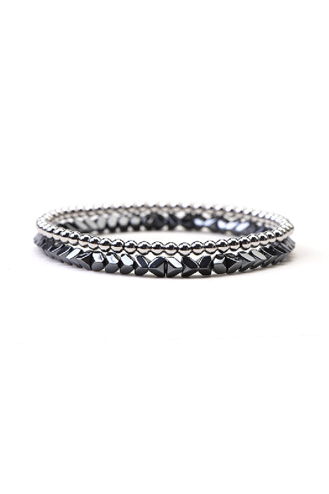 Bracelet homme 2 pièces hématite noire, perles argentées 20,5 cm