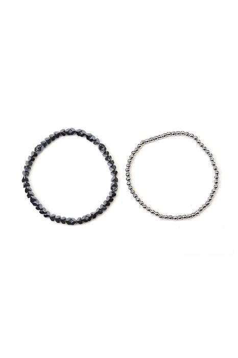 Bracelet homme 2 pièces hématite noire, perles argentées 20,5 cm