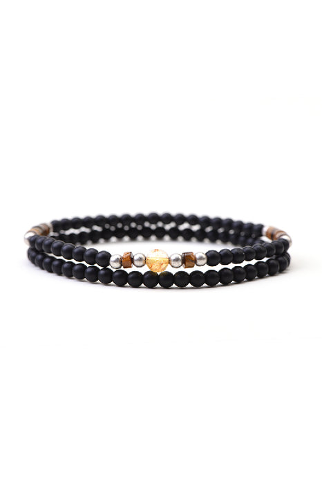Bracelet homme 2 pièces onyx noir mat, œil de tigre, citrine 20,5 cm
