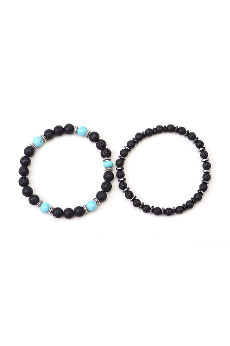 Bracelet homme 2 pièces pierre de lave, bleu turquoise 21 cm