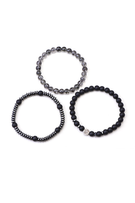 Bracelet homme 3 pièces hématite, onyx noir mat, quartz glacé 21 cm