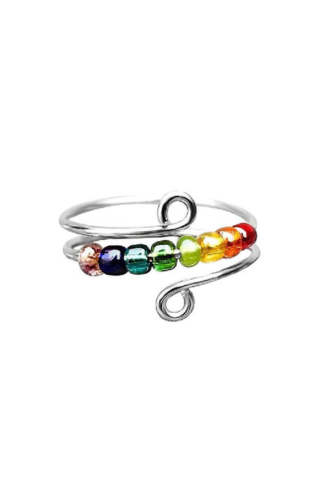 Anxiety Ring 4mm glass beads rainbow chakra silver-colored