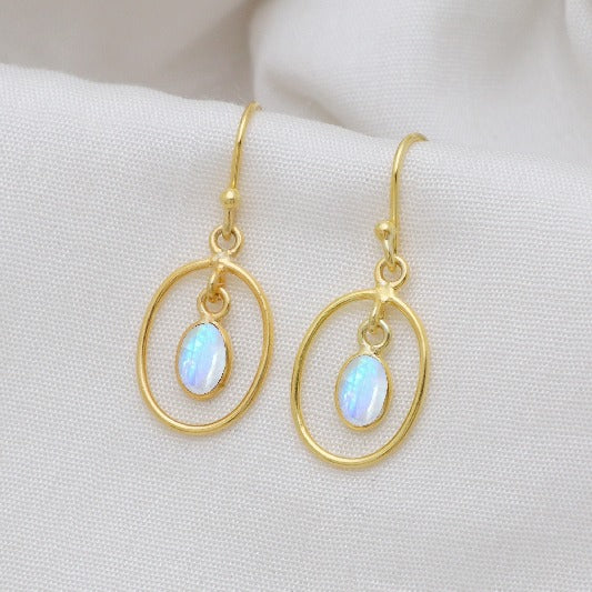 Earrings brass gold-plated rainbow moonstone
