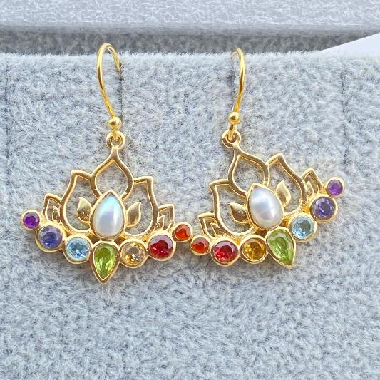 Ohrringe Messing vergoldet Süsswasserperle, Amethyst, Granat, Peridot, Citrin, blauer Topaz, Iolith