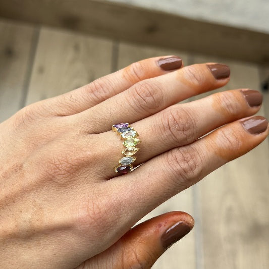 Ring Messing vergoldet Granat, blauer Topaz, Citrin, Peridot, Iolith, Amethyst