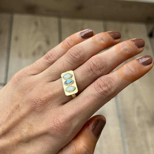 Ring Messing vergoldet Regenbogen Mondstein, Labradorit