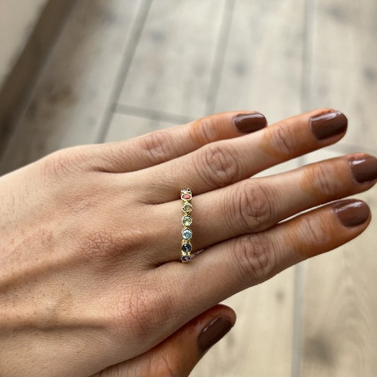 Ring Messing vergoldet Granat, blauer Topaz, Citrin, Peridot, Iolith, Amethyst