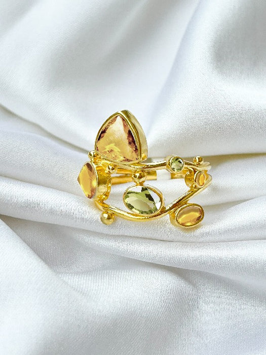 Bague en laiton plaqué or citrine, péridot