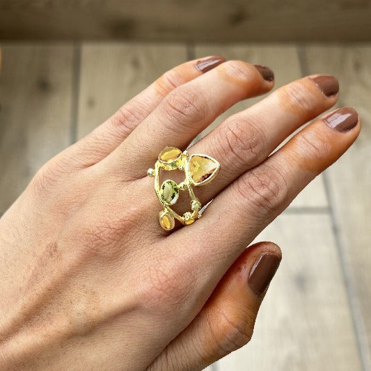 Bague en laiton plaqué or citrine, péridot