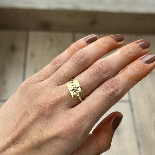 Bague en laiton plaqué or tourmaline rose