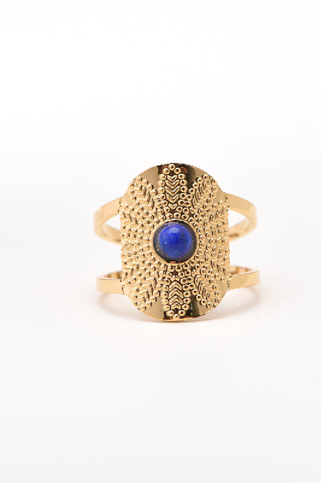 Ring stainless steel gold-plated Lapis Lazuli large oval setting