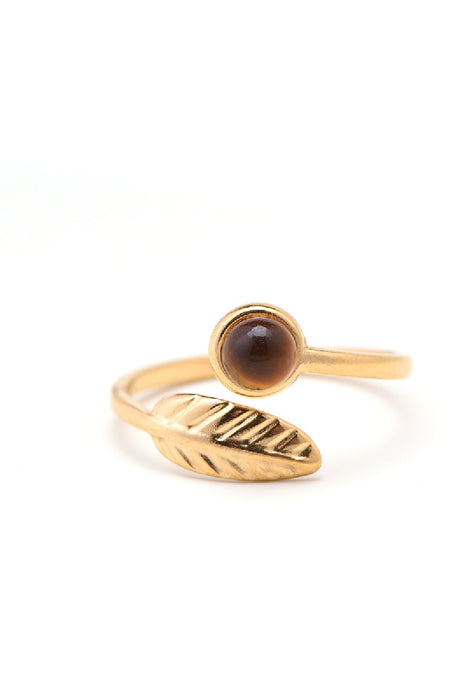 Ring stainless steel gold-plated tiger eye with leaf