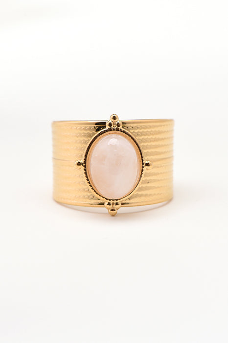 Ring stainless steel gold-plated rose quartz wide setting