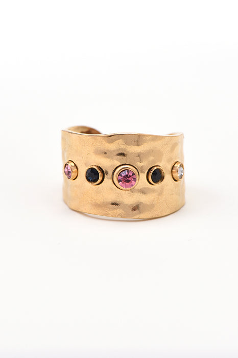 Ring stainless steel gold-plated crystal quartz, onyx, pink tourmaline