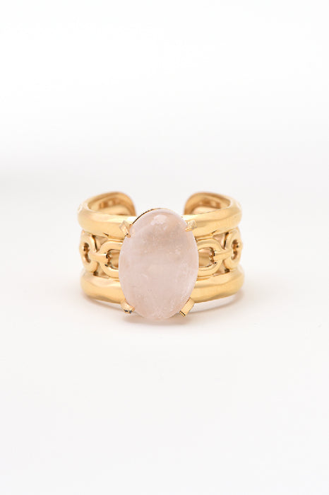 Ring stainless steel gold-plated rose quartz wide decorated