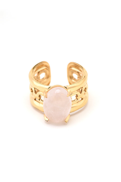 Ring stainless steel gold-plated rose quartz wide decorated