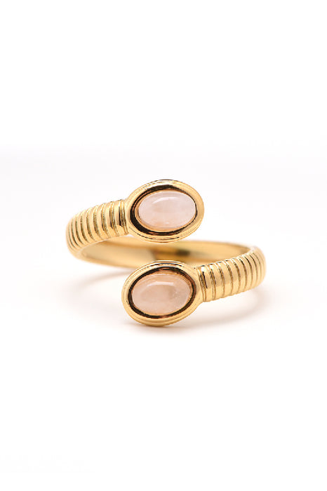 Bague acier inoxydable plaqué or quartz rose 2 pierres