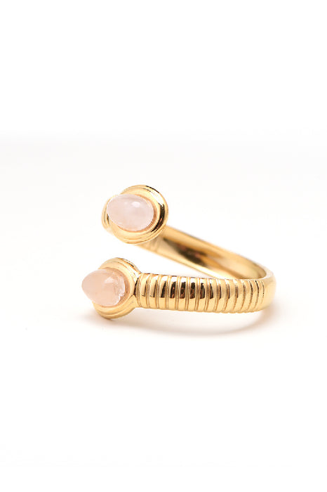 Bague acier inoxydable plaqué or quartz rose 2 pierres