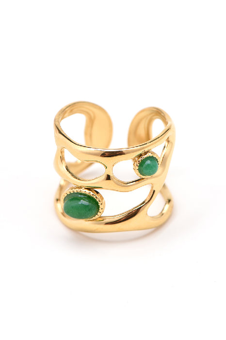 Ring stainless steel gold-plated green aventurine artfully set