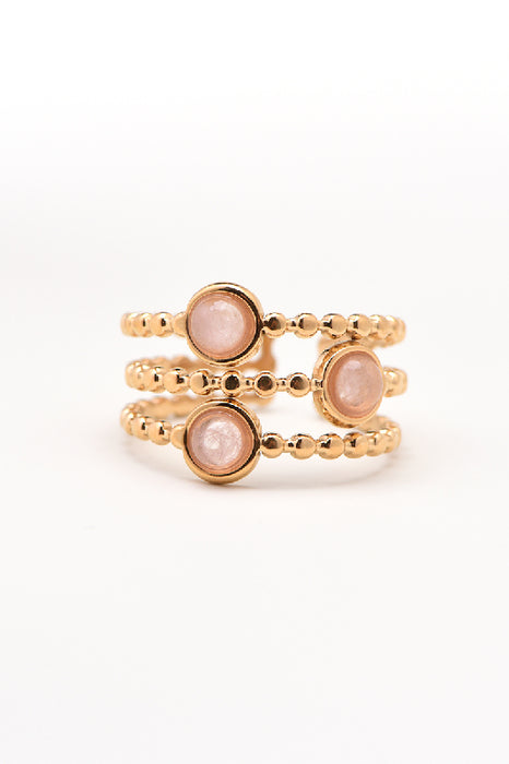 Ring stainless steel gold-plated 3 rose quartz beads