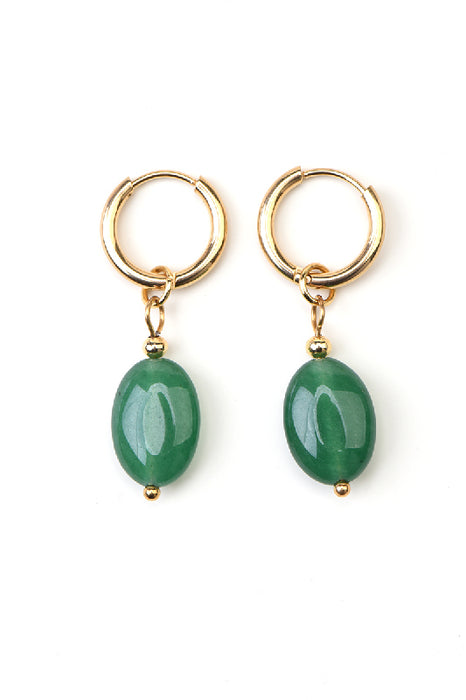 Oval stainless steel earrings with green jade
