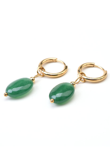 Oval stainless steel earrings with green jade