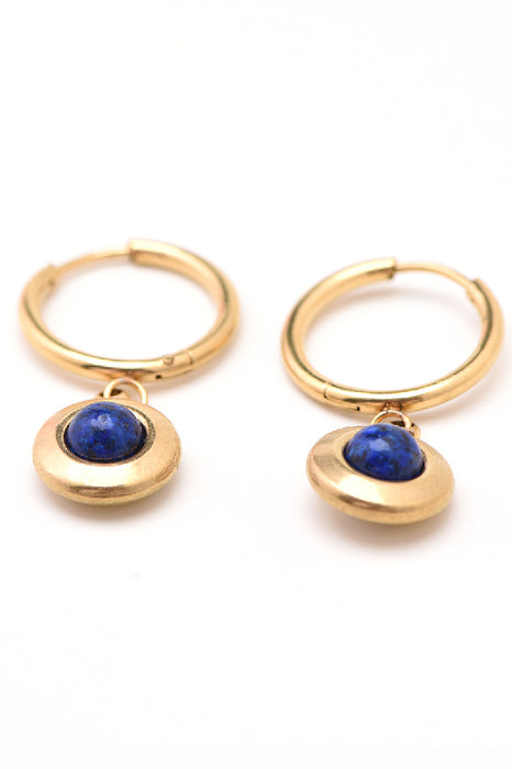 Earring stainless steel gold-plated lapis jasper button-shaped