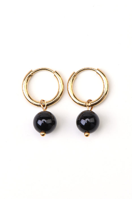 Earrings stainless steel gold-plated black agate round