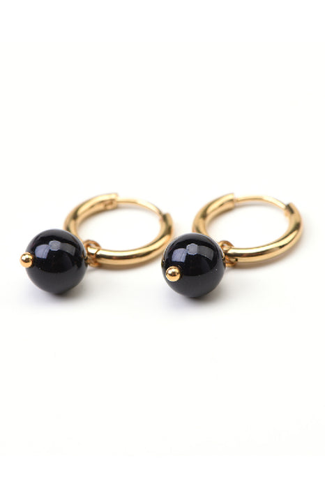 Earrings stainless steel gold-plated black agate round