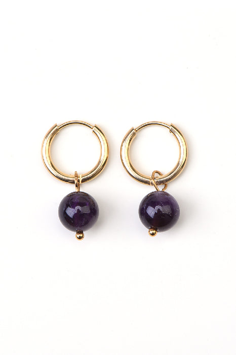 Earrings, stainless steel, gold-plated, amethyst round
