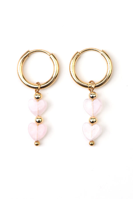 Gold-plated stainless steel earrings with two rose quartz hearts