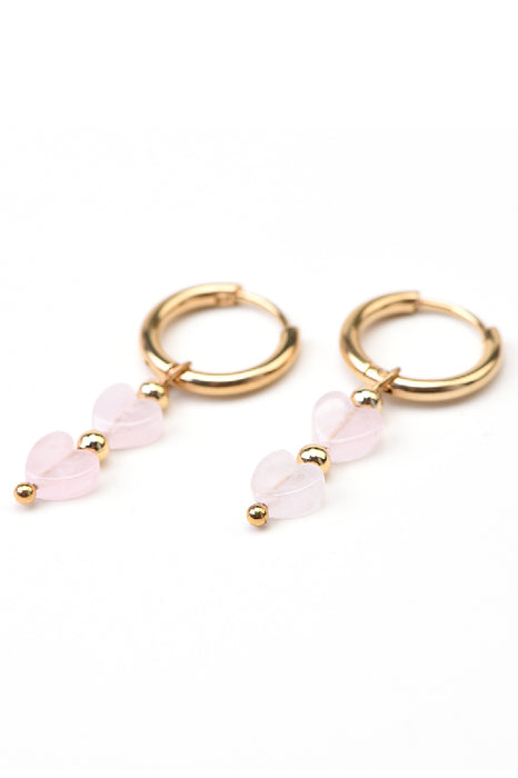 Gold-plated stainless steel earrings with two rose quartz hearts