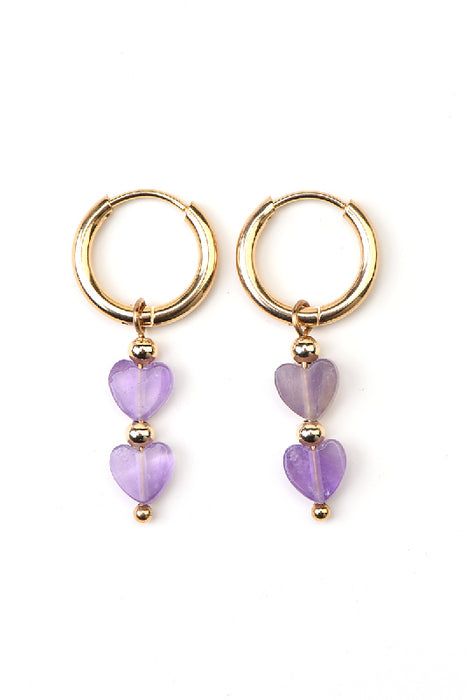 Gold-plated stainless steel earrings, 2 hearts, amethyst