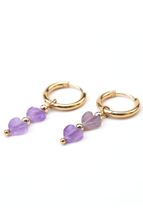 Gold-plated stainless steel earrings, 2 hearts, amethyst