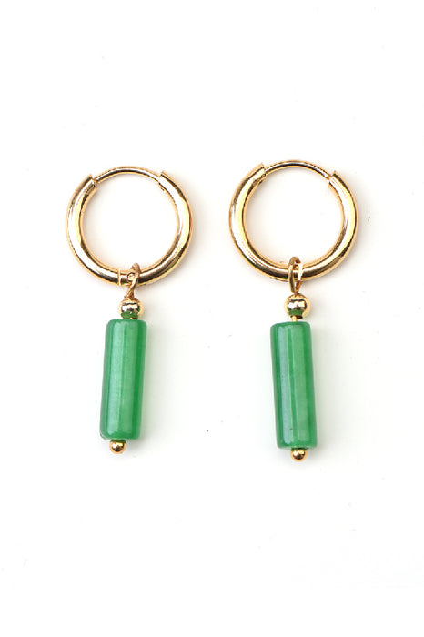 Stainless steel earrings, gold-plated bar, green jade