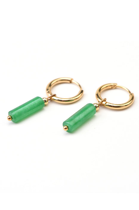 Stainless steel earrings, gold-plated bar, green jade