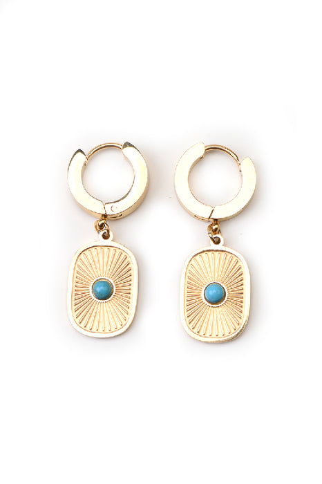 Stainless steel earring, gold-plated, decorated in a radial pattern with turquoise.
