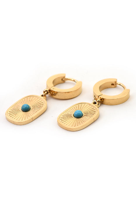 Stainless steel earring, gold-plated, decorated in a radial pattern with turquoise.