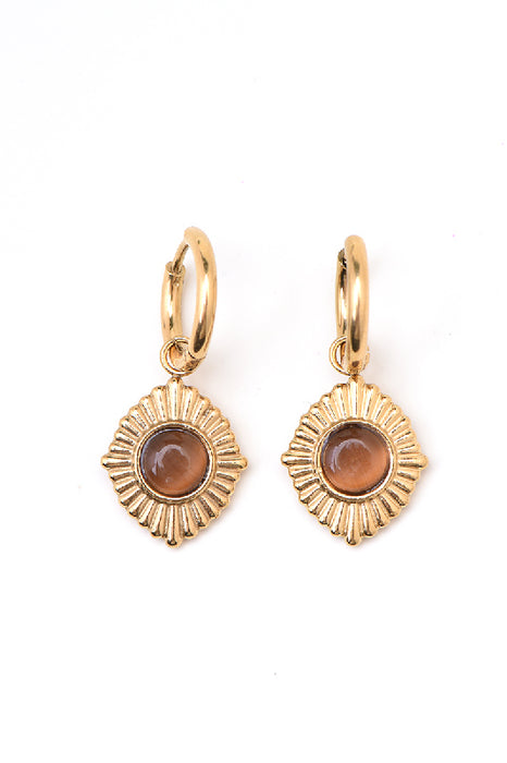 Earring stainless steel gold-plated cat's eye light brown