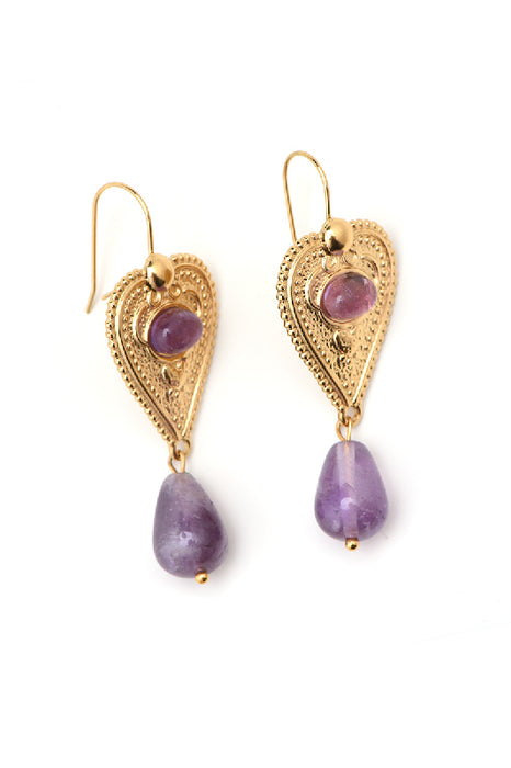 Earring stainless steel gold-plated amethyst in drop shape