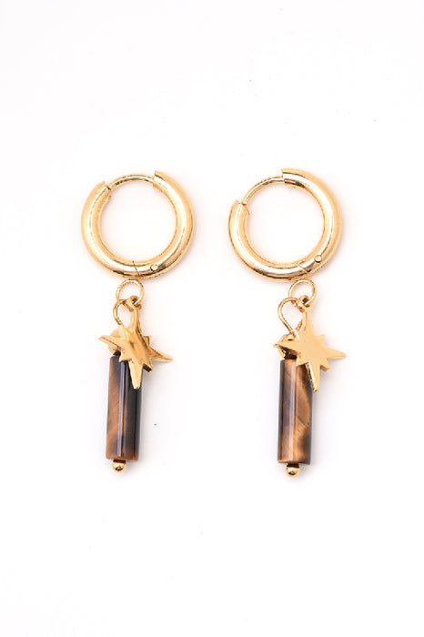 Ohrring Edelstahl vergoldet Tigerauge lang mit Stern