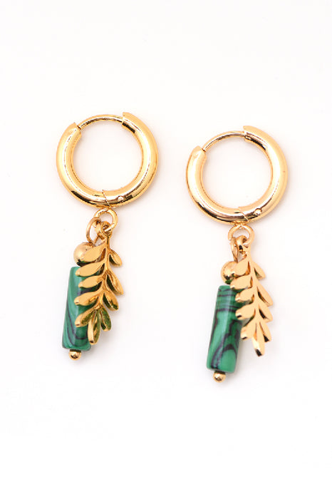 Ohrring Edelstahl vergoldet Malachit lang mit Blatt