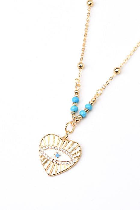 Gold-plated stainless steel necklace with heart in blue turquoise, 45+5cm