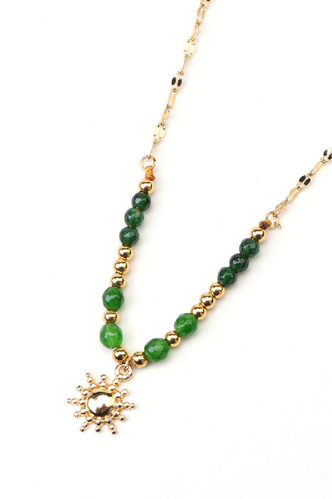 Gold-plated stainless steel necklace with sun, moss, agate and green jade, 42+5cm