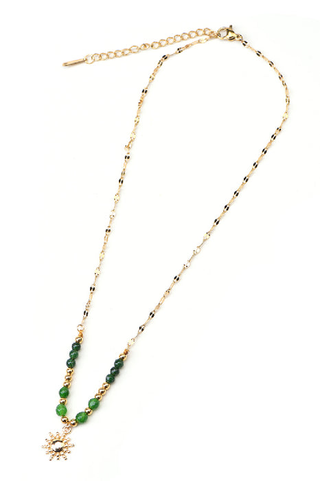 Gold-plated stainless steel necklace with sun, moss, agate and green jade, 42+5cm