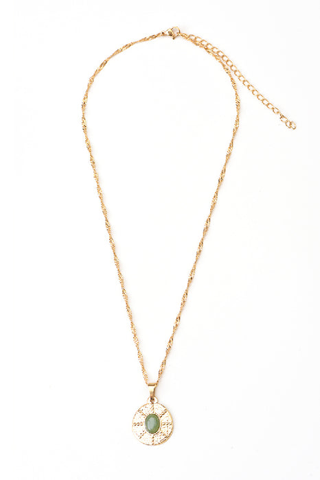 Collier en acier inoxydable plaqué or aventurine verte 38+5cm